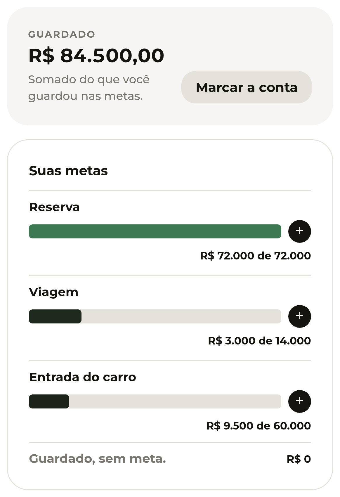 Cartão de Metas do NOUS mostrando o total guardado e três metas com barra de progresso: Reserva, Viagem e Entrada do carro.